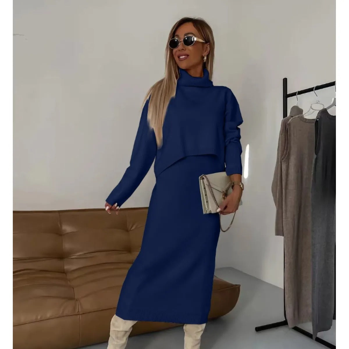 Two-Piece Set with Turtleneck Blouse & Midi Dress